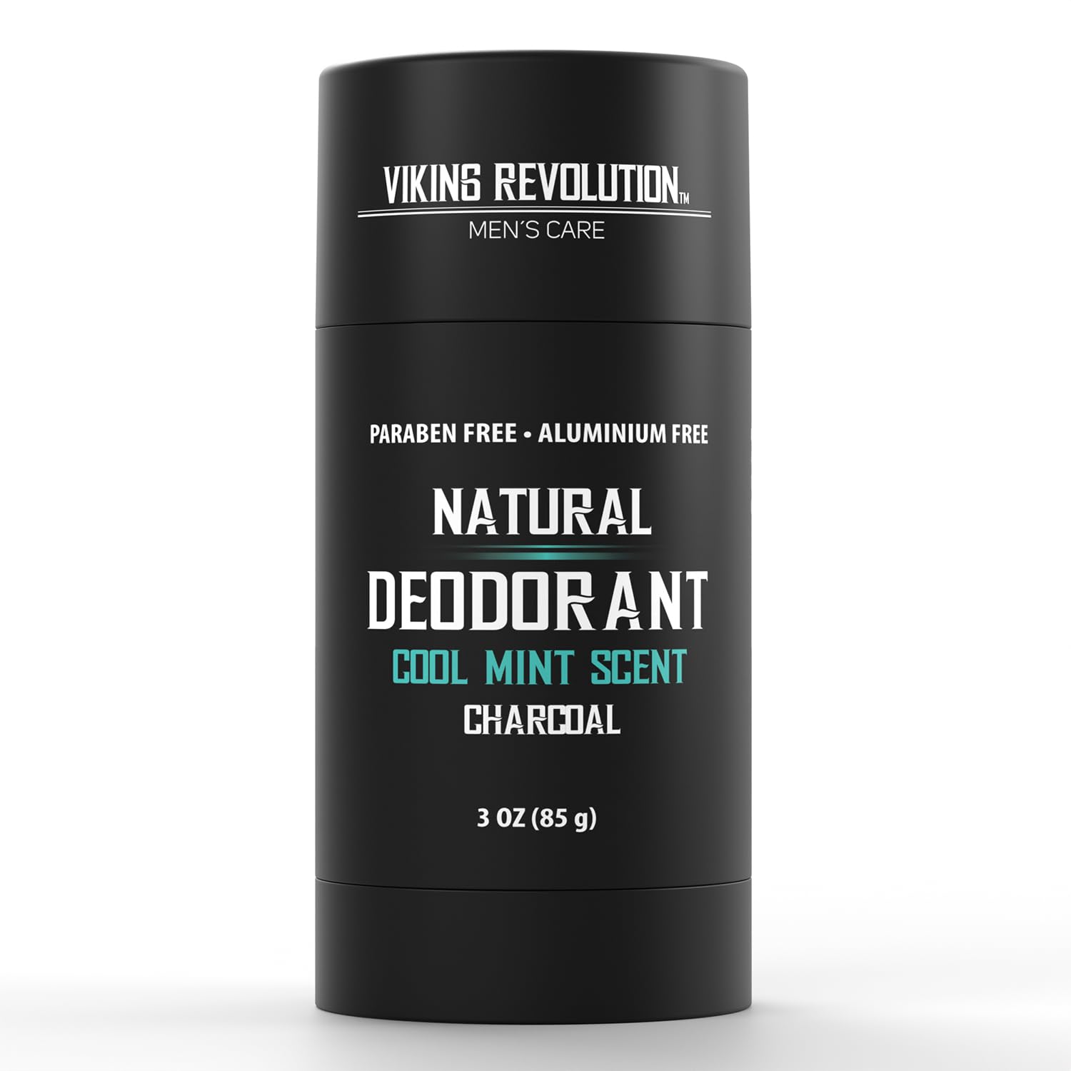 Black deodorant stick labeled Cool Mint Deodorant for Men - Natural Charcoal, Aluminum-Free, 3oz.