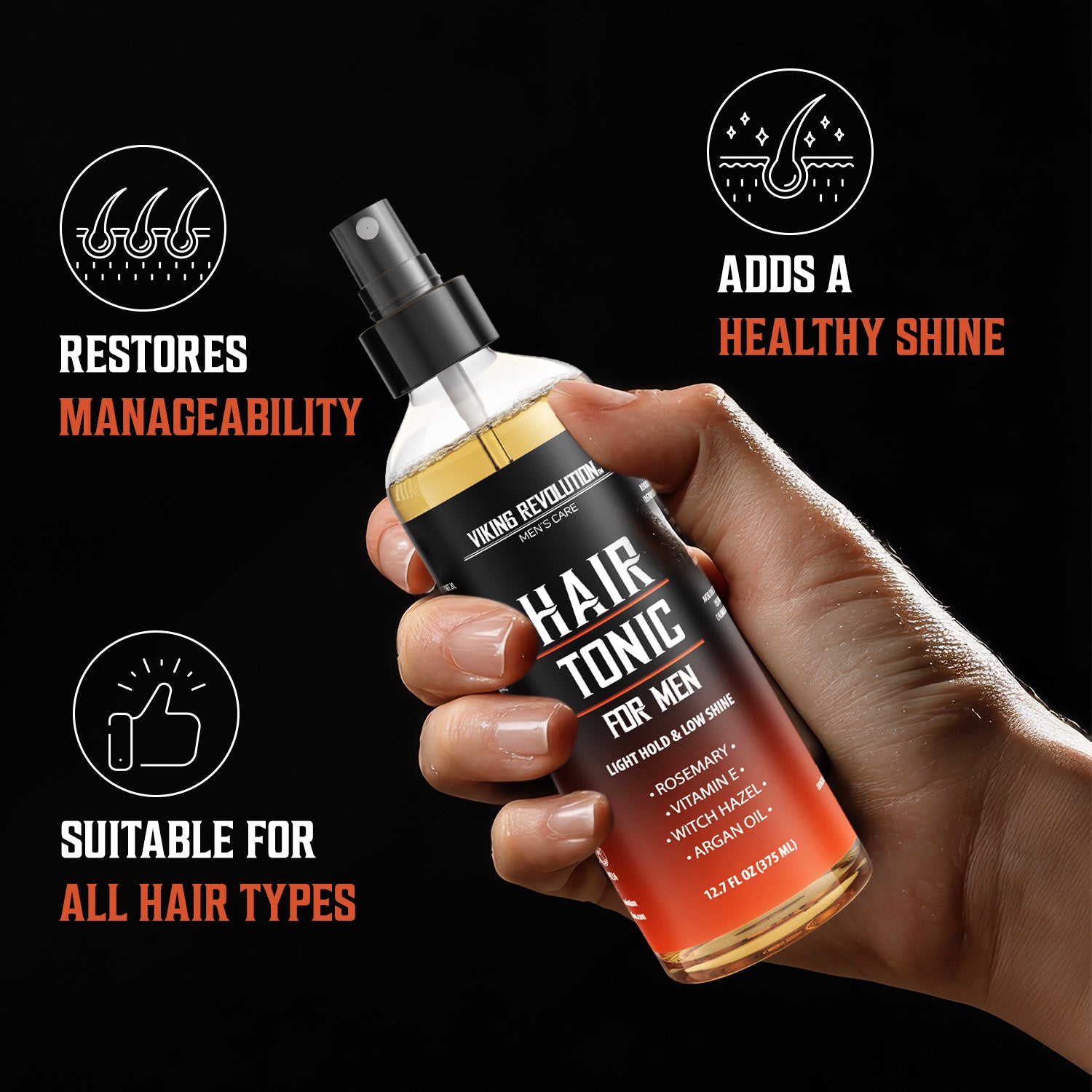 Hand holding a Hair Tonic Men (12.7oz) bottle, ideal texture spray with benefits and usage details.