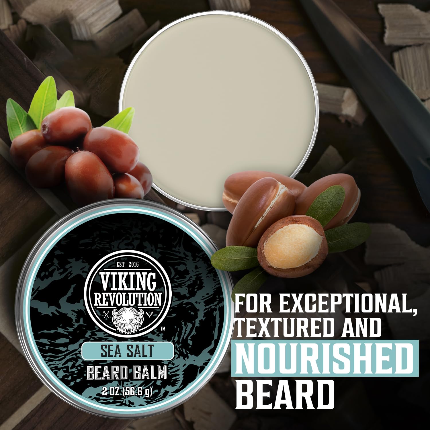 Open tin of Sea Salt Beard Balm (2 oz), perfect for natural beard care and nourishment.
