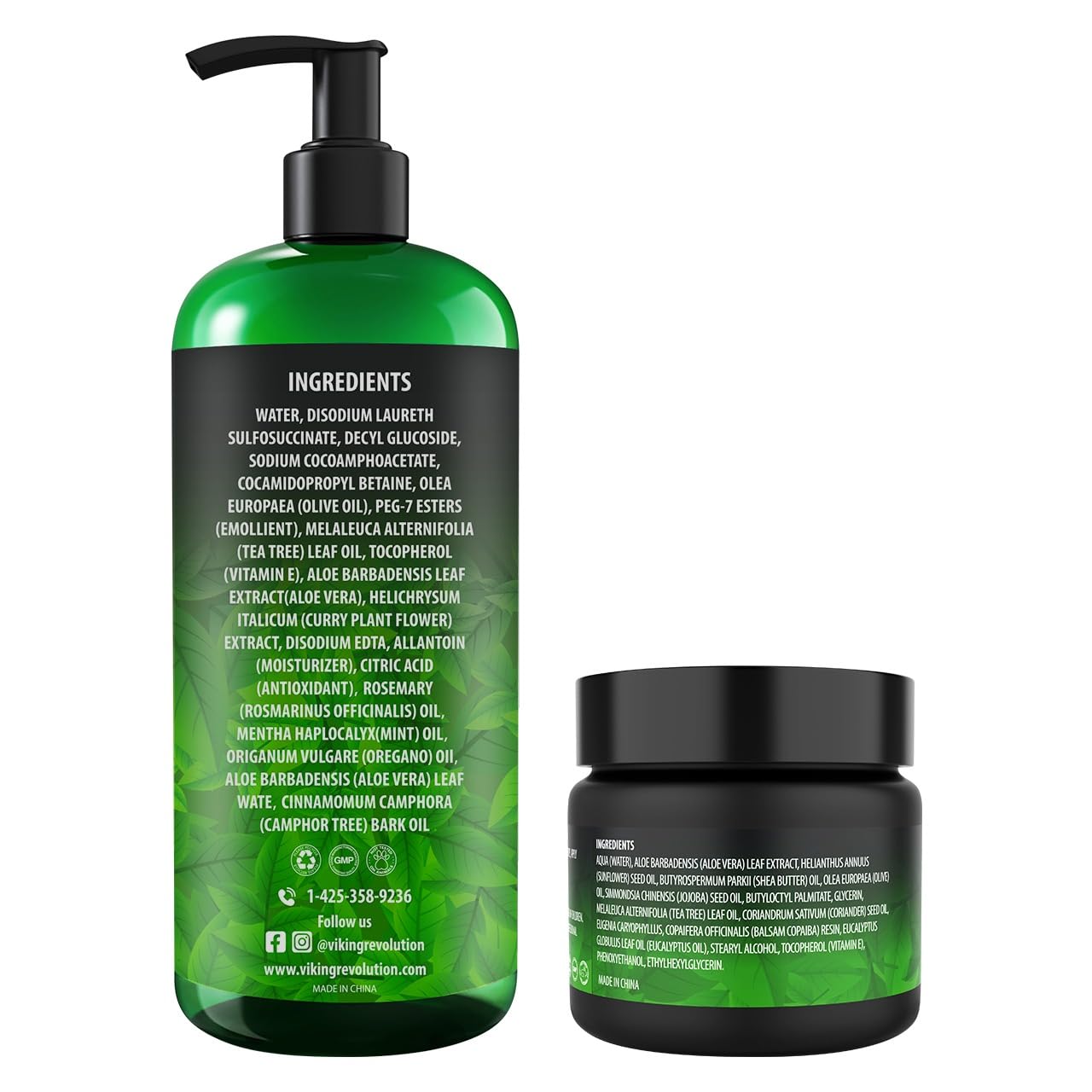 Tea Tree Kit w/ Body Wash & Balm—two green, leaf-patterned containers for body and foot care.