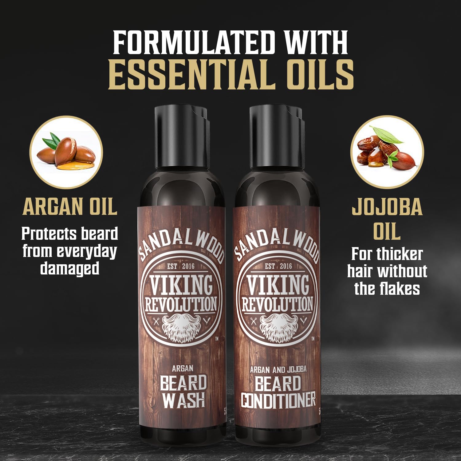 Two bottles of Sandalwood Grooming Kit featuring beard wash and conditioner with argan and jojoba oils.