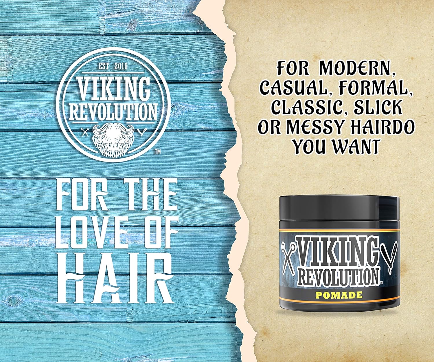 Blue wood & white text design for Hair Pomade (4oz) offering a firm hold with natural ingredients.