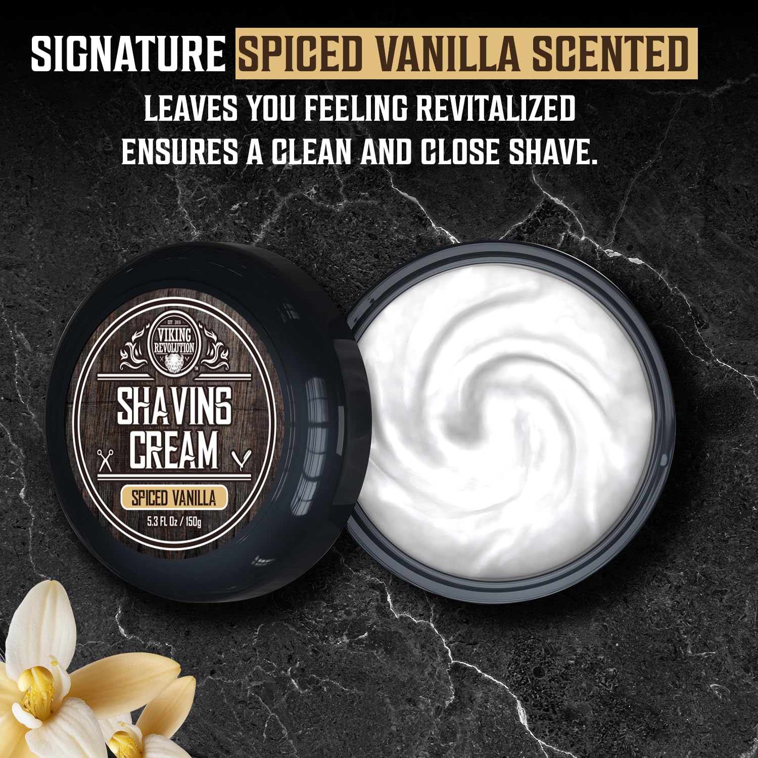 Open tin of Shaving Cream - Spiced Vanilla (3.5 fl oz) with rich lather, perfect for sensitive skin.