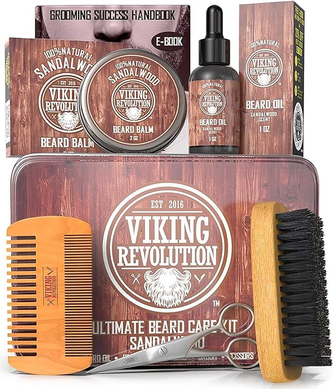 Beard Care Kit with balm, oil, scissors, comb, brush & tin box—great gift for men.