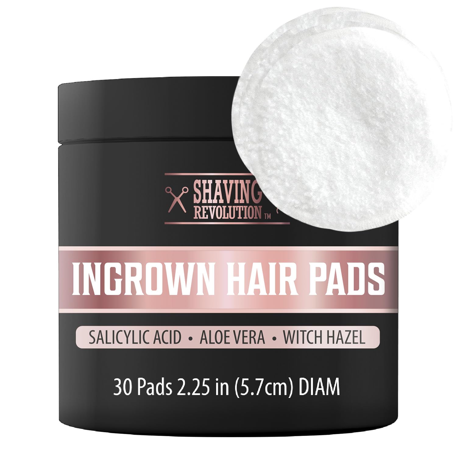 A jar featuring the product name "Ingrown Hair Pads," which promises to deliver smooth skin with the help of salicylic acid, is capped with a round pad.