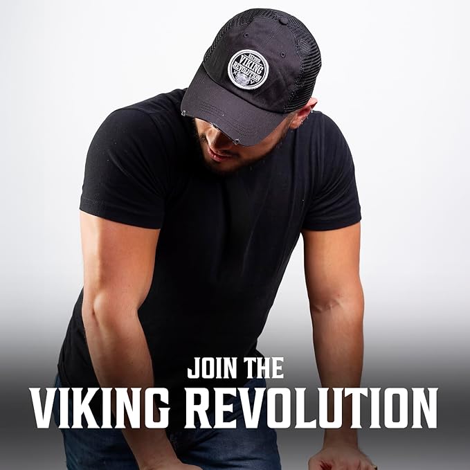 Man wearing a classic trucker hat, bending forward with confidence. Text: Join the Viking Revolution and make your mark with style.
