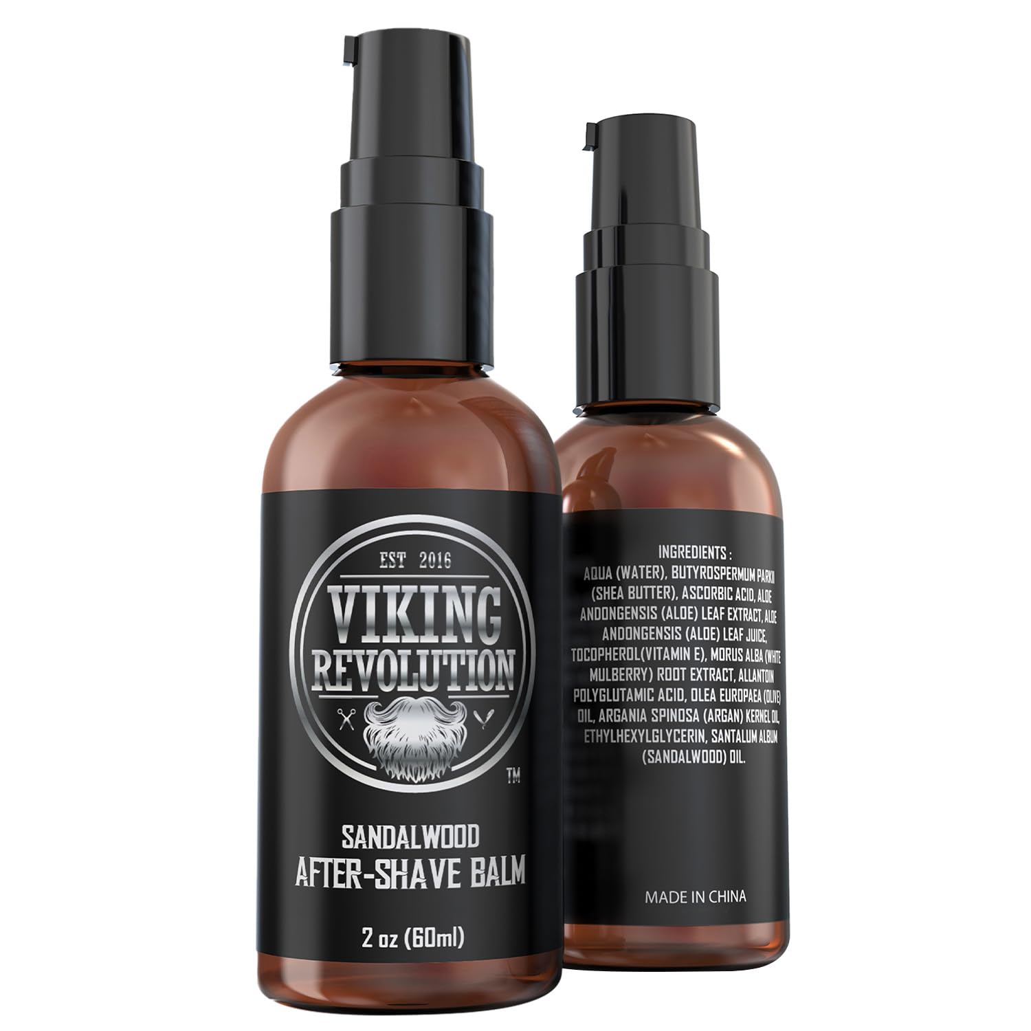 Two bottles of After-Shave Balm for Men (2pk) soothe irritation, labels and ingredients included.