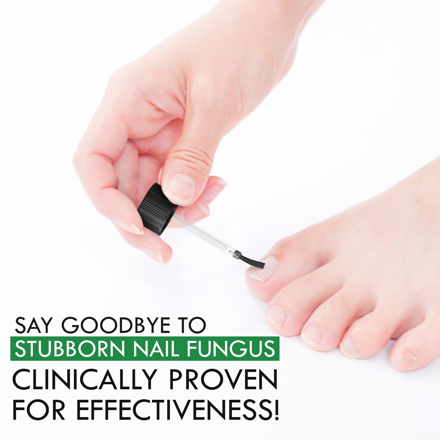 Applying the Toenail Fungus Treatment Extra Strength with 1% Tolnaftate OTC on toenails, highlighting its effectiveness.
