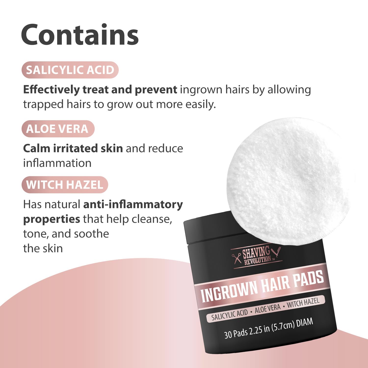 Discover Ingrown Hair Pads, expertly crafted to promote smooth skin. Each pad is infused with salicylic acid, aloe vera, and witch hazel to effectively target stubborn hairs while soothing the skin. Packaged for your convenience with a clear pad image on the label.