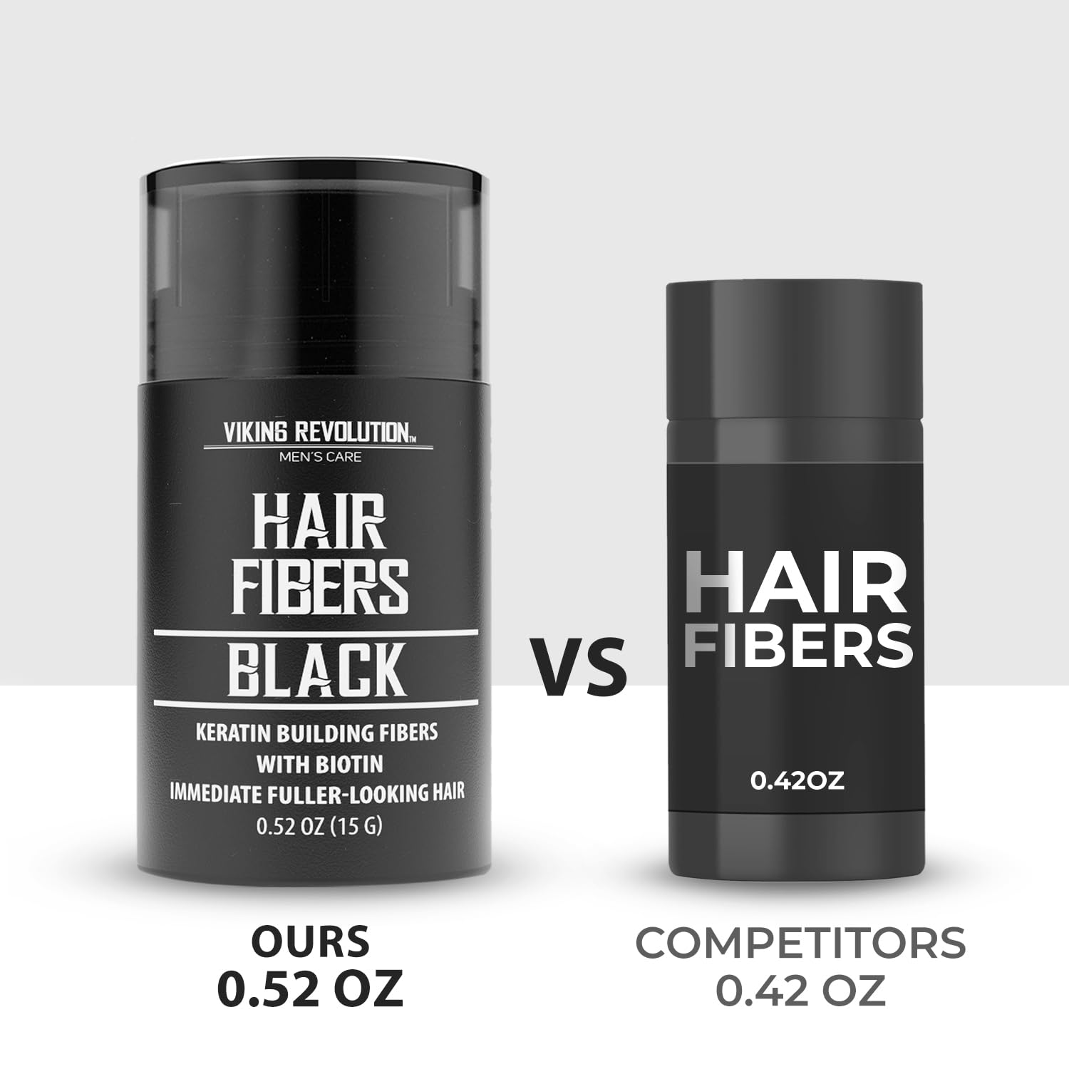 Two bottles of Black Hair Fibers are compared: the left one, featuring a natural keratin formula, is larger at 0.52 oz, while the right one offers weather-resistant volume with its hair building fibers and is 0.42 oz.