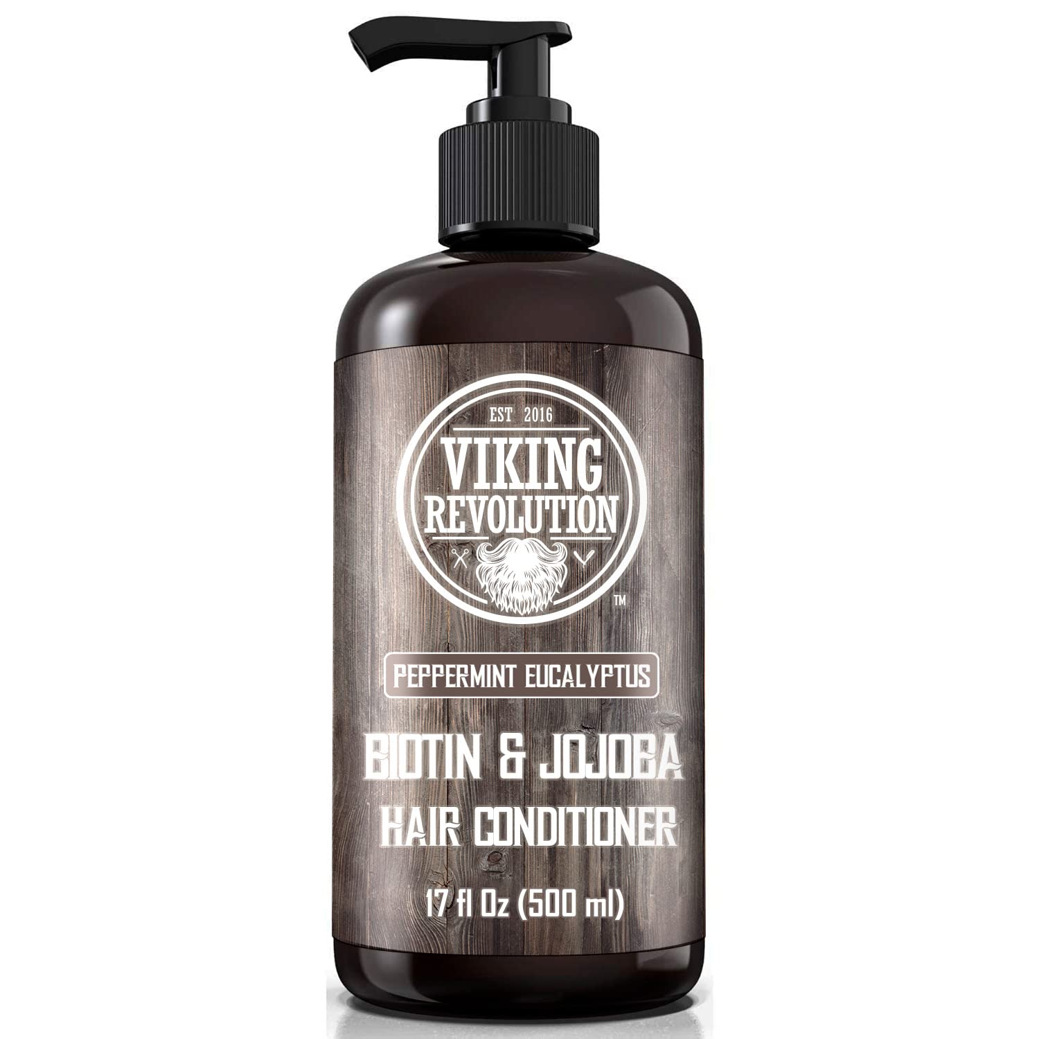 The Eucalyptus and Peppermint Conditioner by Viking Revolution is a biotin and jojoba men's conditioner, available in a 17 fl oz brown bottle with a refreshing eucalyptus and peppermint scent.