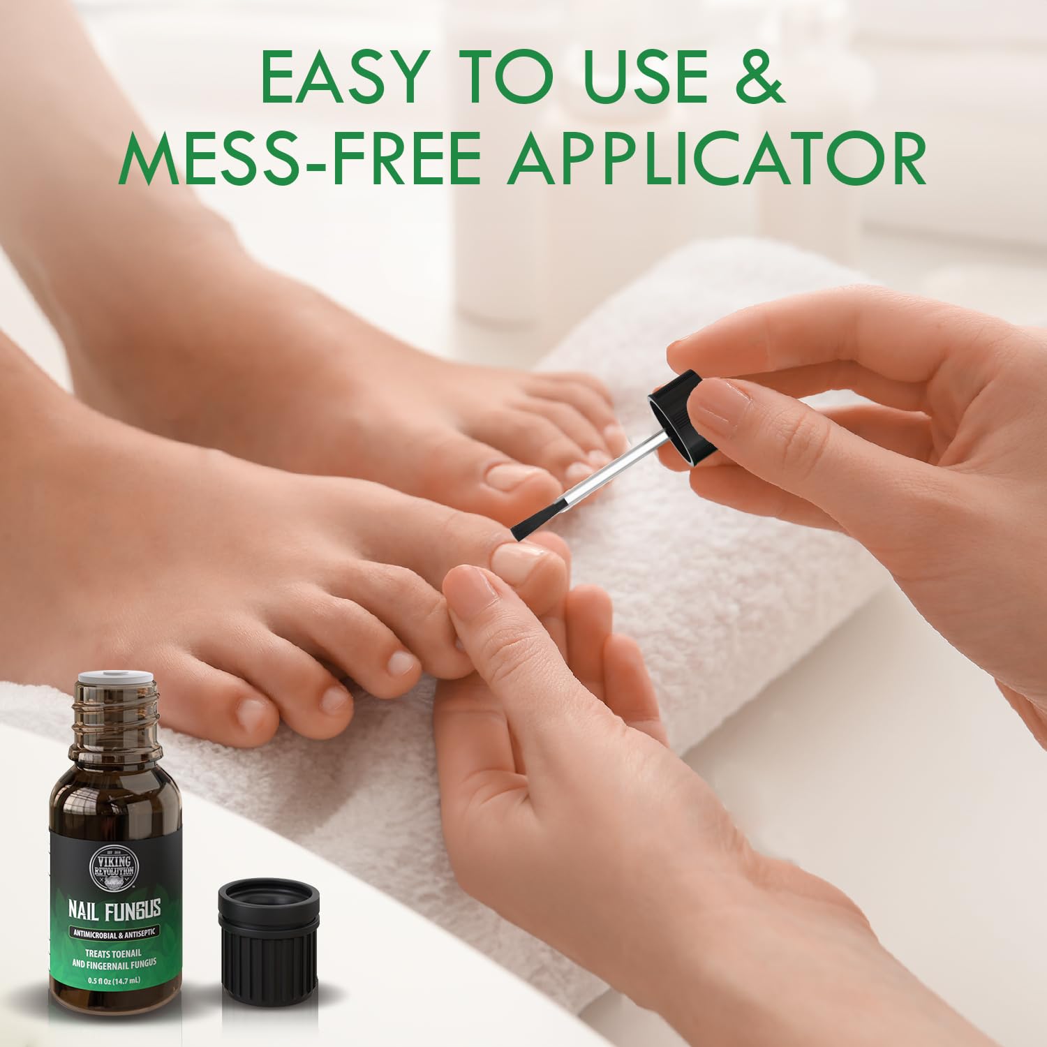 With careful precision, the person uses a dropper to apply the Toenail Fungus Treatment Extra Strength with 1% Tolnaftate OTC, while the bottle stands ready nearby, exemplifying effective antifungal nail care.