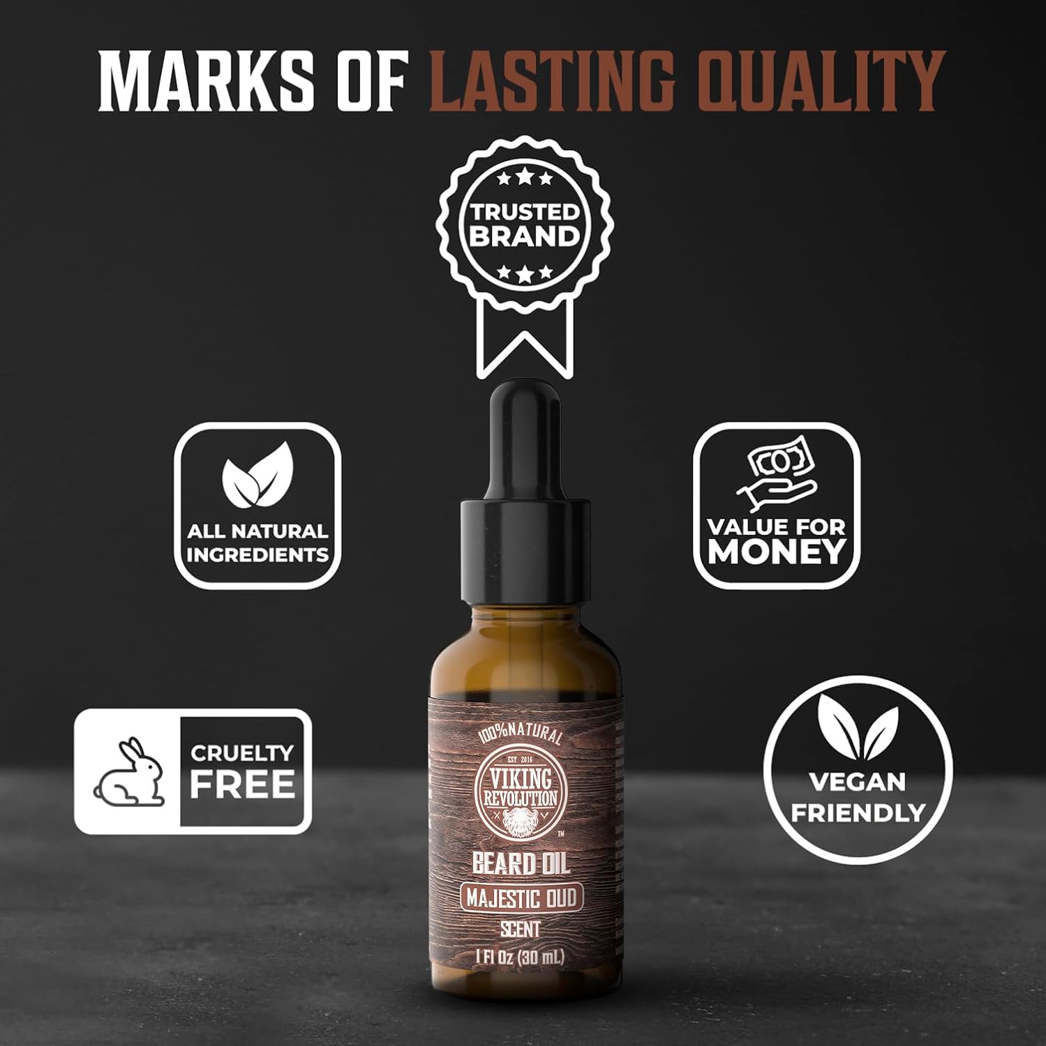 Introducing the Majestic Oud Beard Oil, a product renowned for its natural ingredients, cruelty-free and vegan composition, and exceptional value. This premium beard care solution blends Argan and Jojoba oils to enrich and elevate your grooming experience.