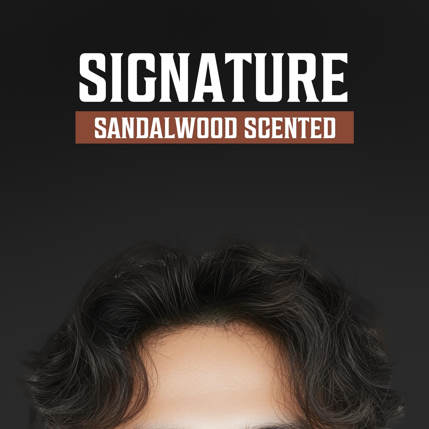 Text reads Hair Paste for Men - Sandalwood Scented (3.5oz) above a person with dark wavy hair.