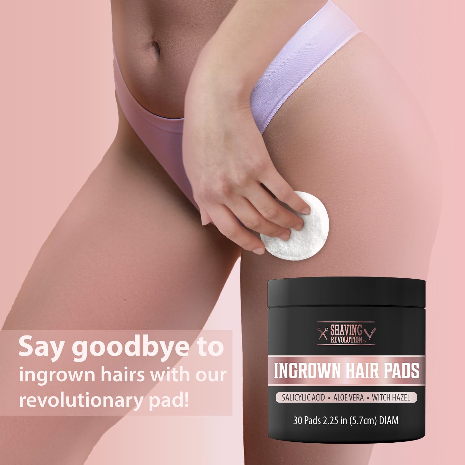 A person gently applies the Ingrown Hair Pads to their thigh, striving for irresistibly smooth skin. The container featuring salicylic acid treatment is prominently displayed in the foreground, offering soothing relief and adding a touch of elegance to your skincare routine.