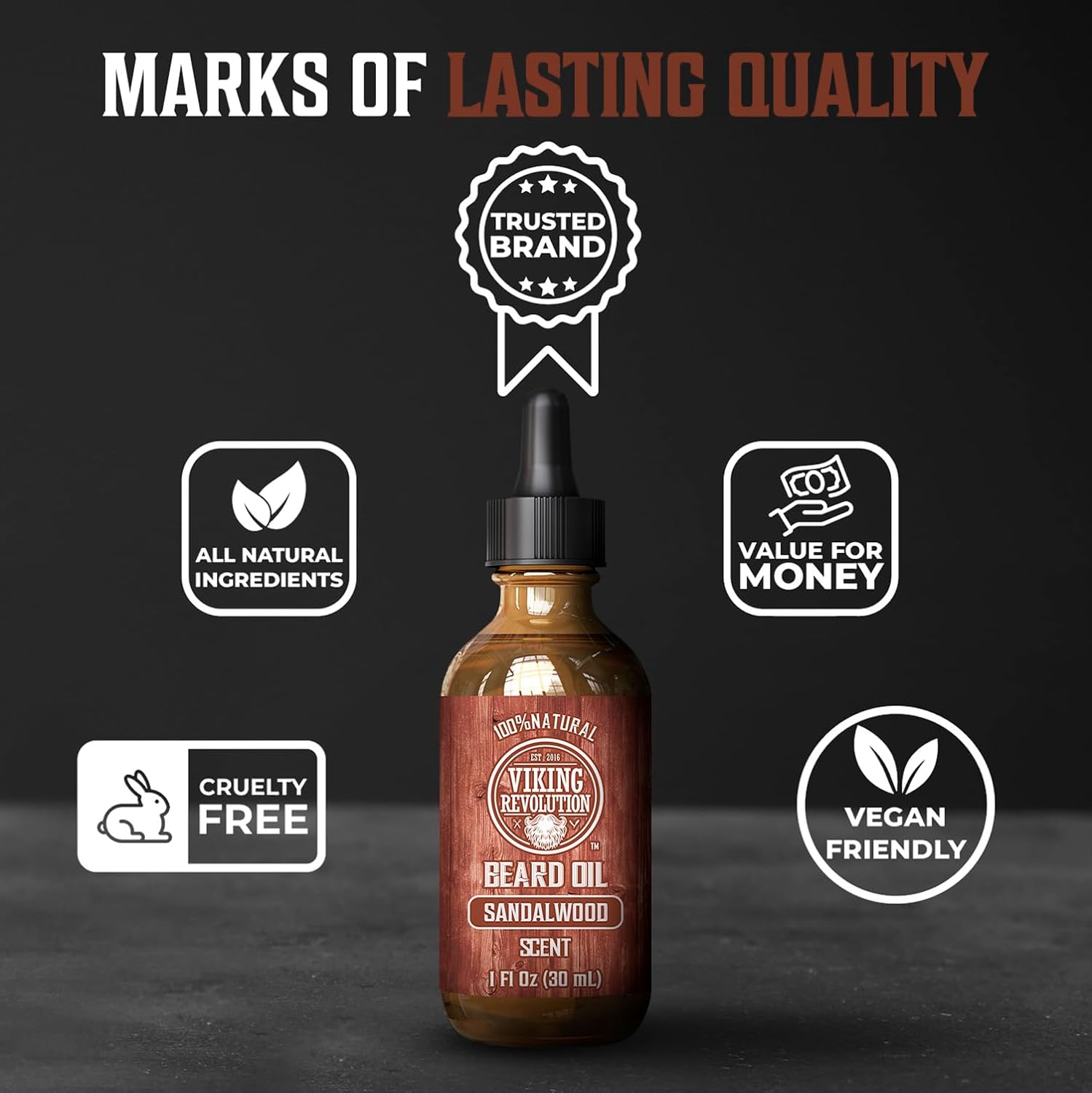 Sandalwood Beard Oil: trusted brand, natural, cruelty-free, vegan, locks in hydration, great value.