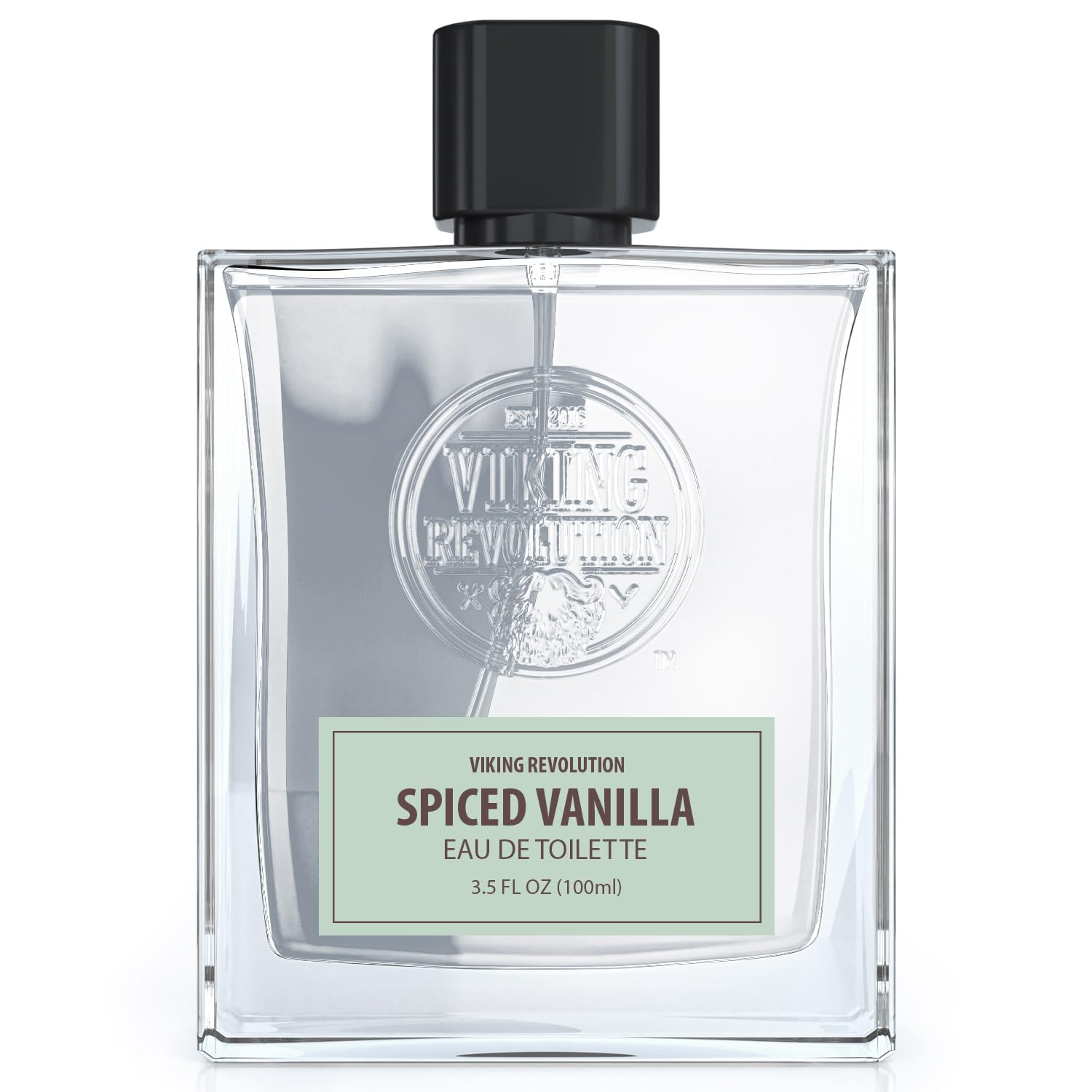 Transparent glass bottle of men's fragrance labeled Cologne for Men, Spiced Vanilla, 3.5 FL OZ (100ml).