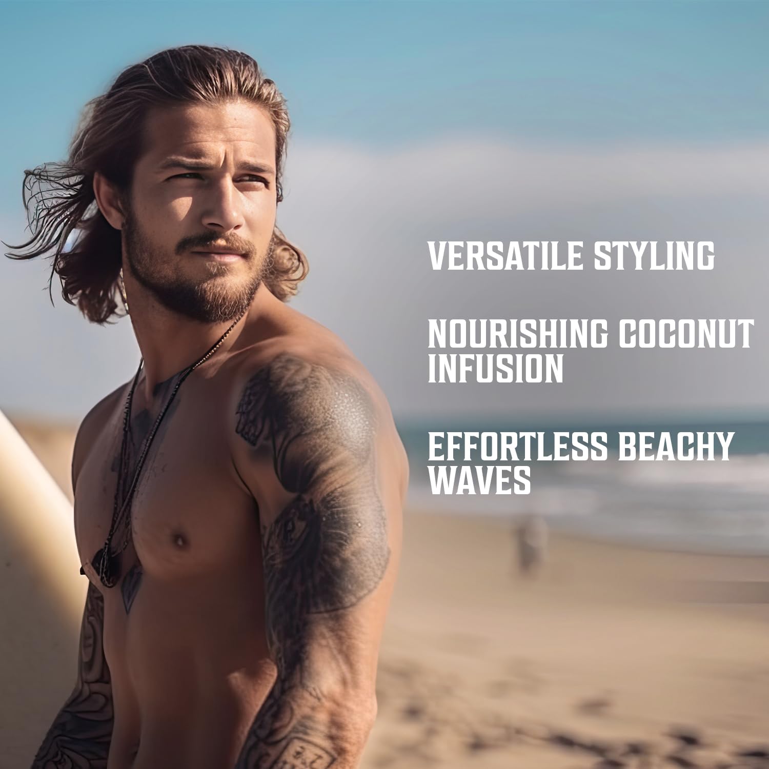 Long-haired shirtless man with surfboard; text about mens coconut sea salt spray for beachy waves.