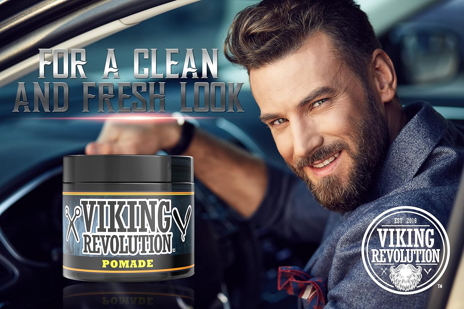 Bearded man smiles in car, holding Hair Pomade (4oz) for strong hold and a fresh style.