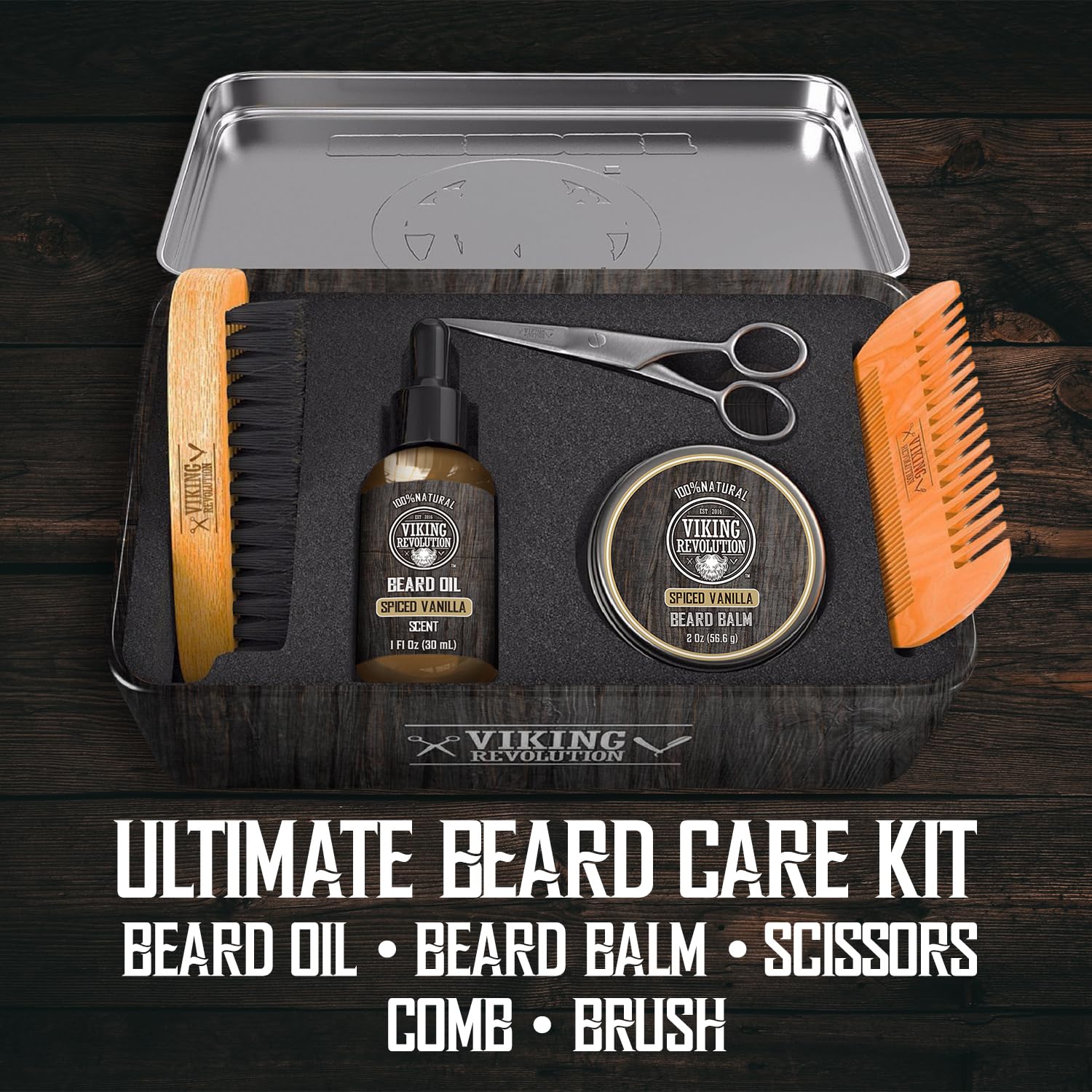 Beard Kit Spiced Vanilla: oil, balm, scissors, comb & brush in a Viking Revolution metal box.