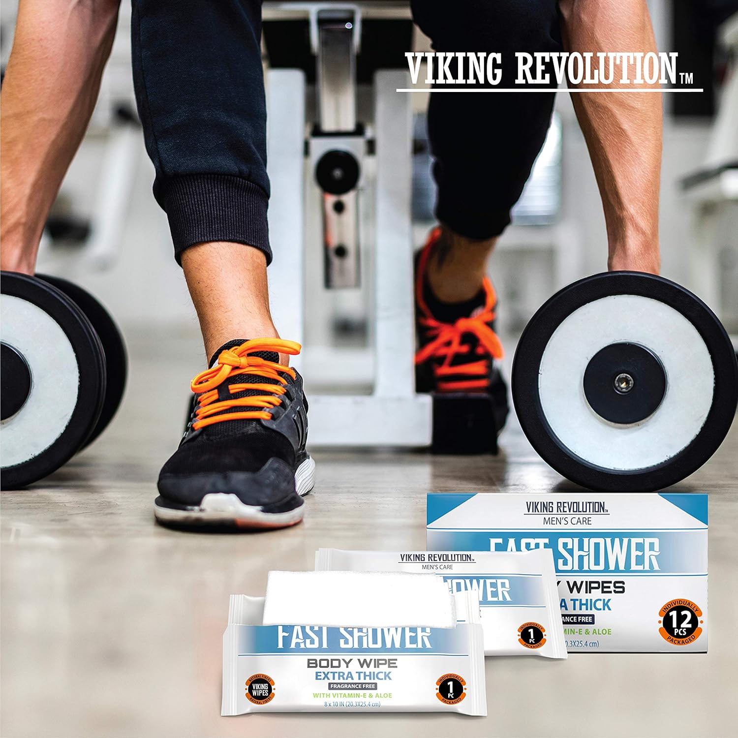 Close-up of legs in gym shoes by dumbbells; Body Wipes w/ Vitamin E & Aloe - 12 Pack in foreground.