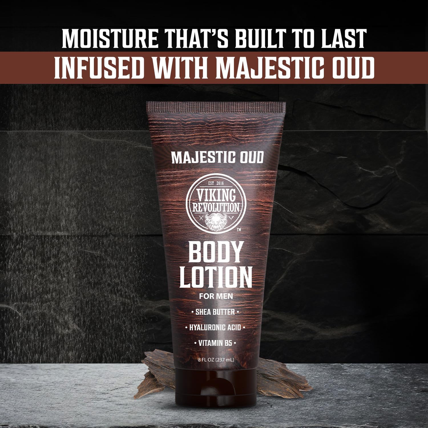 Body Lotion for Men - Majestic Oud, displayed upright on a dark surface for dry skin care.