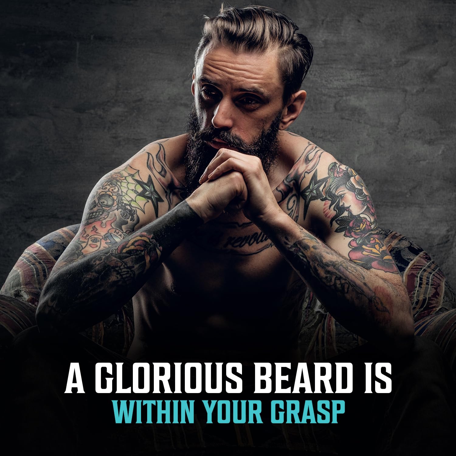 Bearded man sits thoughtfully; text: Achieve a glorious beard with Sea Salt Beard Oil.