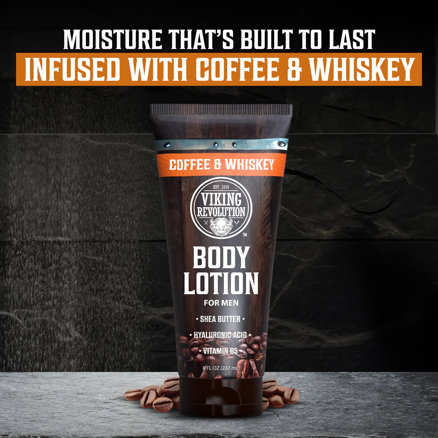 Body Lotion For Men - Coffee & Whiskey scent, with coffee beans alongside the tube.