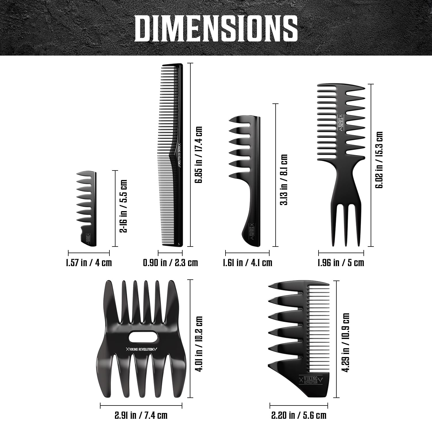 Styling Hair Combs (6 pieces), each labeled with size in inches and centimeters.