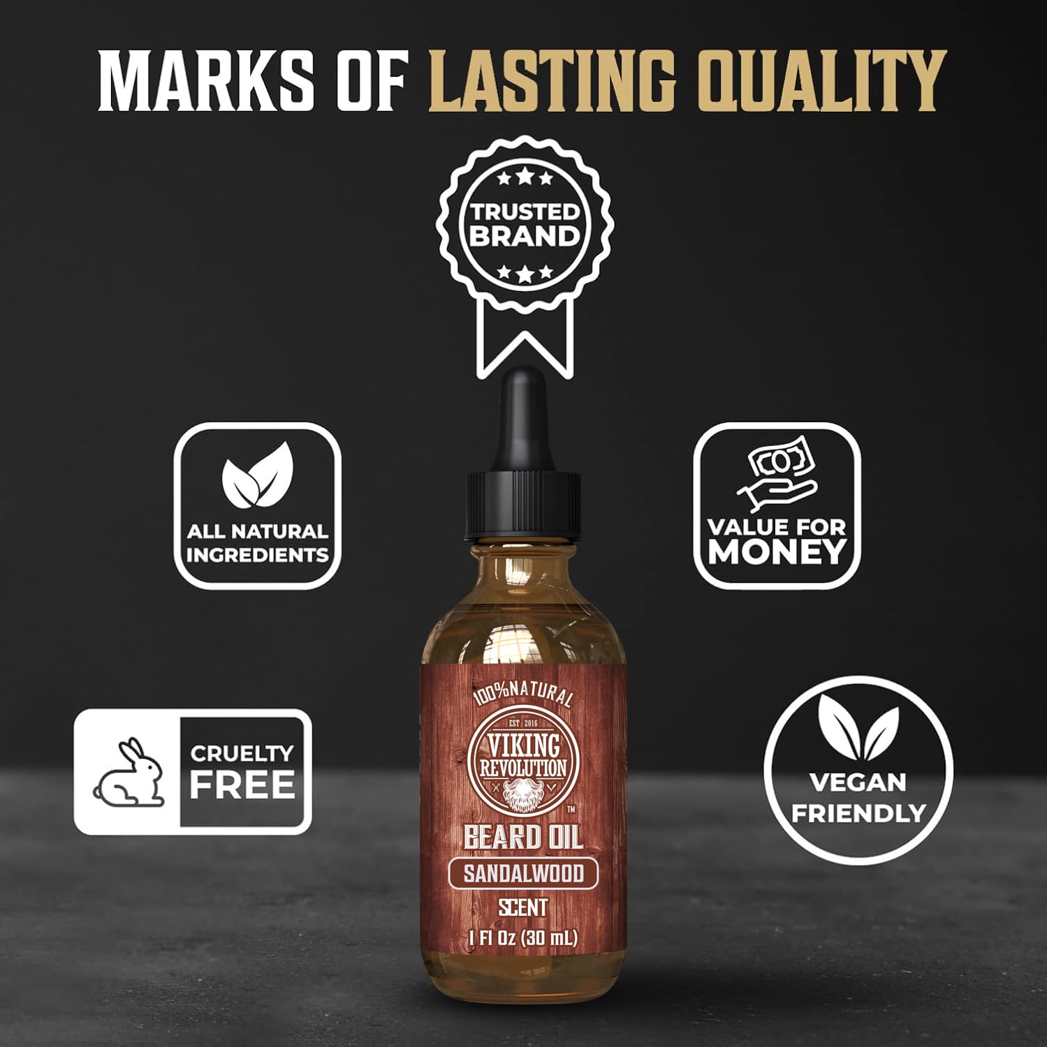 A Sandalwood Grooming Kit with icons for all-natural, vegan, and value.