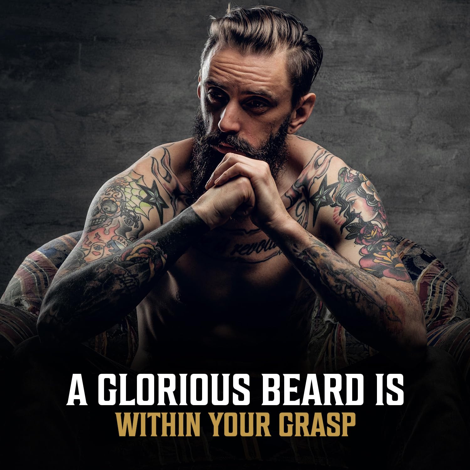 Tattooed man with a beard sits; text reads Achieve a Glorious Beard with Cedar & Pine Beard Oil.