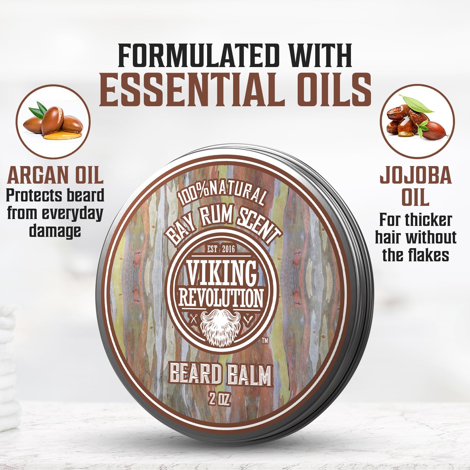 Tin of Bay Rum Beard Balm with natural ingredients, featuring argan and jojoba oils.