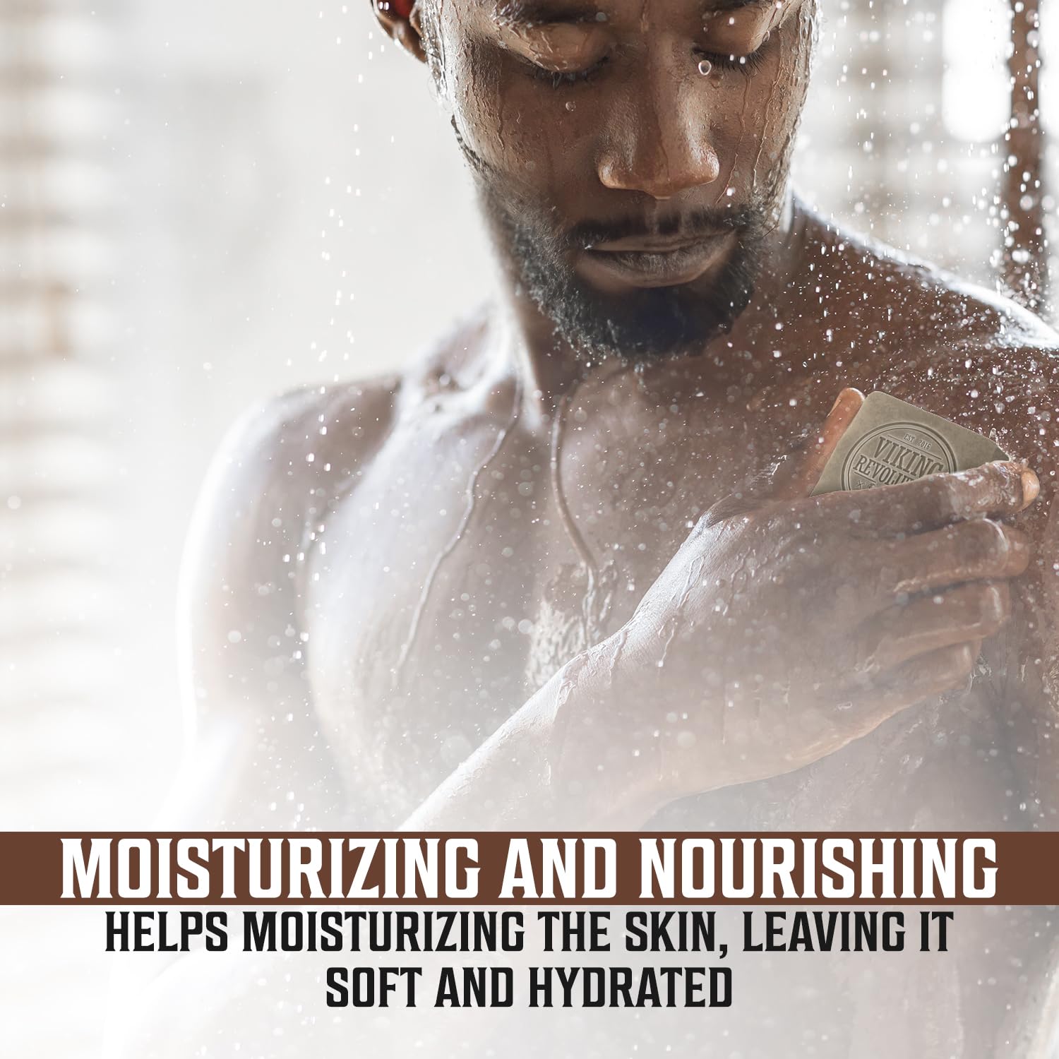 Man showering with Sandalwood Natural Cold Pressed Bar Soap 2 pack, text overlay: Moisturizing and Nourishing.