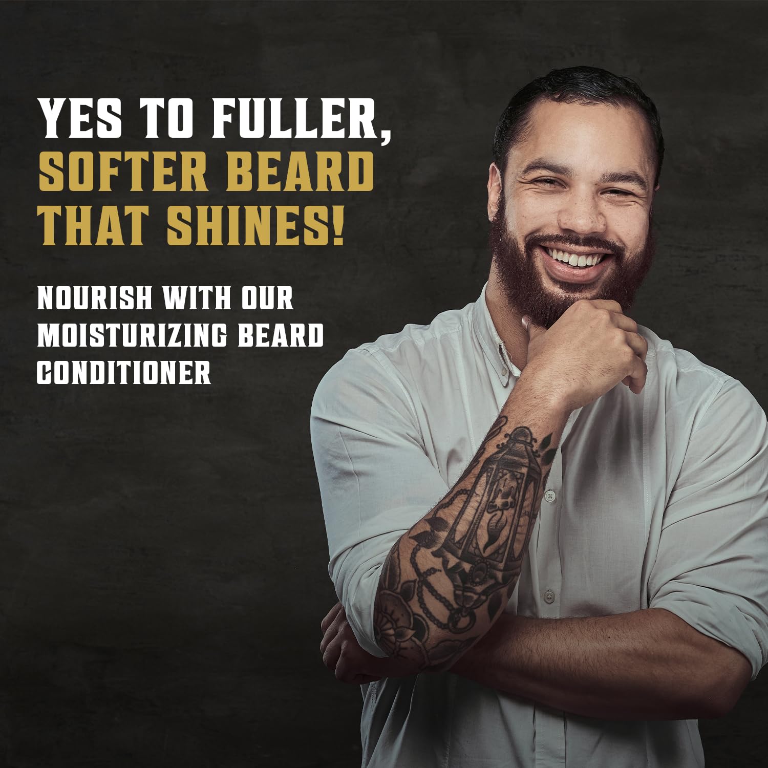 A bearded man smiles while presenting the Beard Wash & Conditioner - Sweet Tobacco 5oz, enriched with premium beard oil, against a dark background.