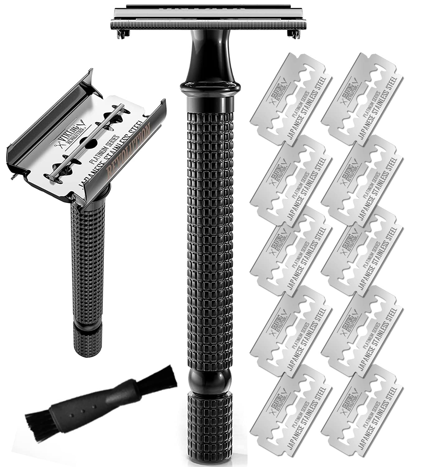 Viking Revolution black long handle double edge safety razor set w/ 10 blades and small cleaning brush.