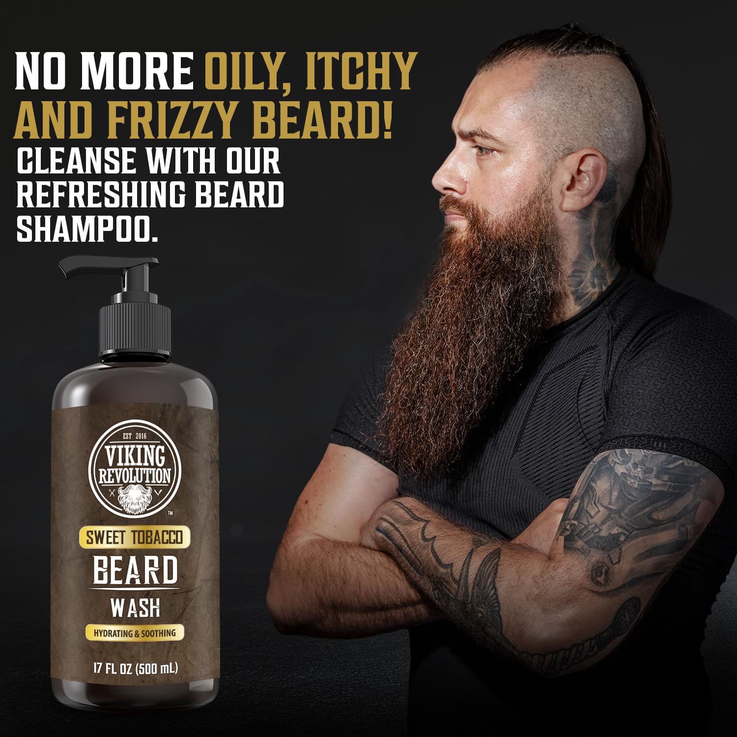A man with a long beard and tattooed arms stands beside the Beard Wash and Beard Conditioner for Men 17oz, Sweet Tobacco, ideal for those aiming to elevate their grooming routine with a premium beard care product.