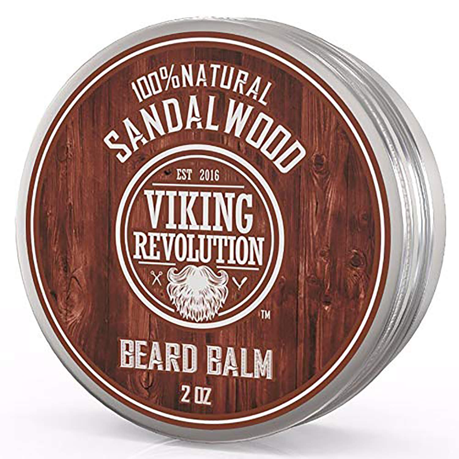 Tin of Beard Balm - Sandalwood Scent (2oz) featuring a wood-textured label design.