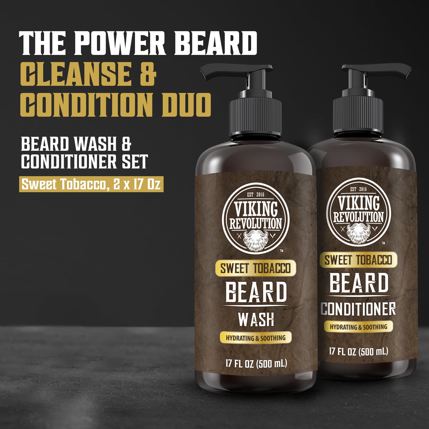 Two bottles of the 17oz Viking Revolution Beard Wash and Beard Conditioner for Men in the Sweet Tobacco scent make excellent additions to your beard kit.