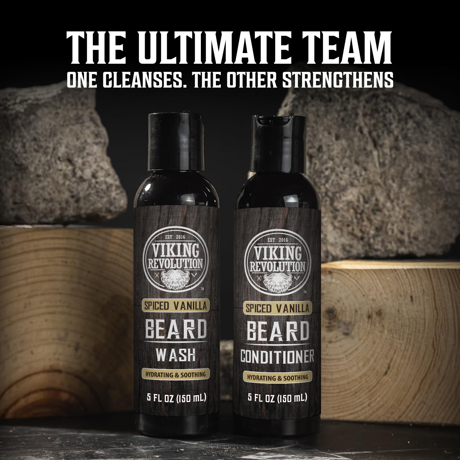 Beard Grooming Kit - Spiced Vanilla on a wooden surface with rocks in the background.
