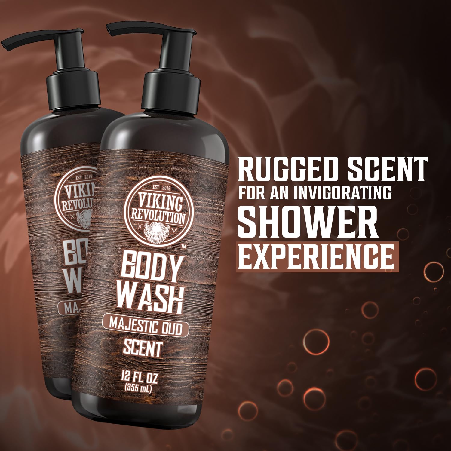 The two bottles of Body Wash - Majestic Oud 2 pack prominently feature bold text highlighting a rugged, invigorating scent. This natural body wash provides an authentic experience that revitalizes and energizes your senses.