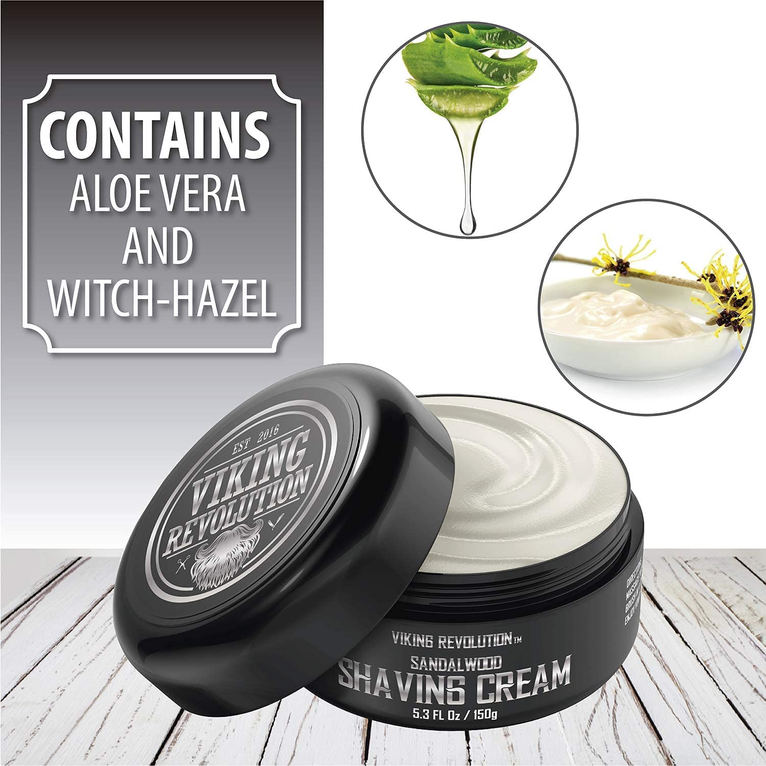 Viking Revolution - Sandalwood Shaving Cream, featuring aloe vera and witch-hazel for sensitive skin, enhanced with natural sandalwood oils for a smooth shave, comes in a 5.3 oz container and is pictured on a wooden surface.