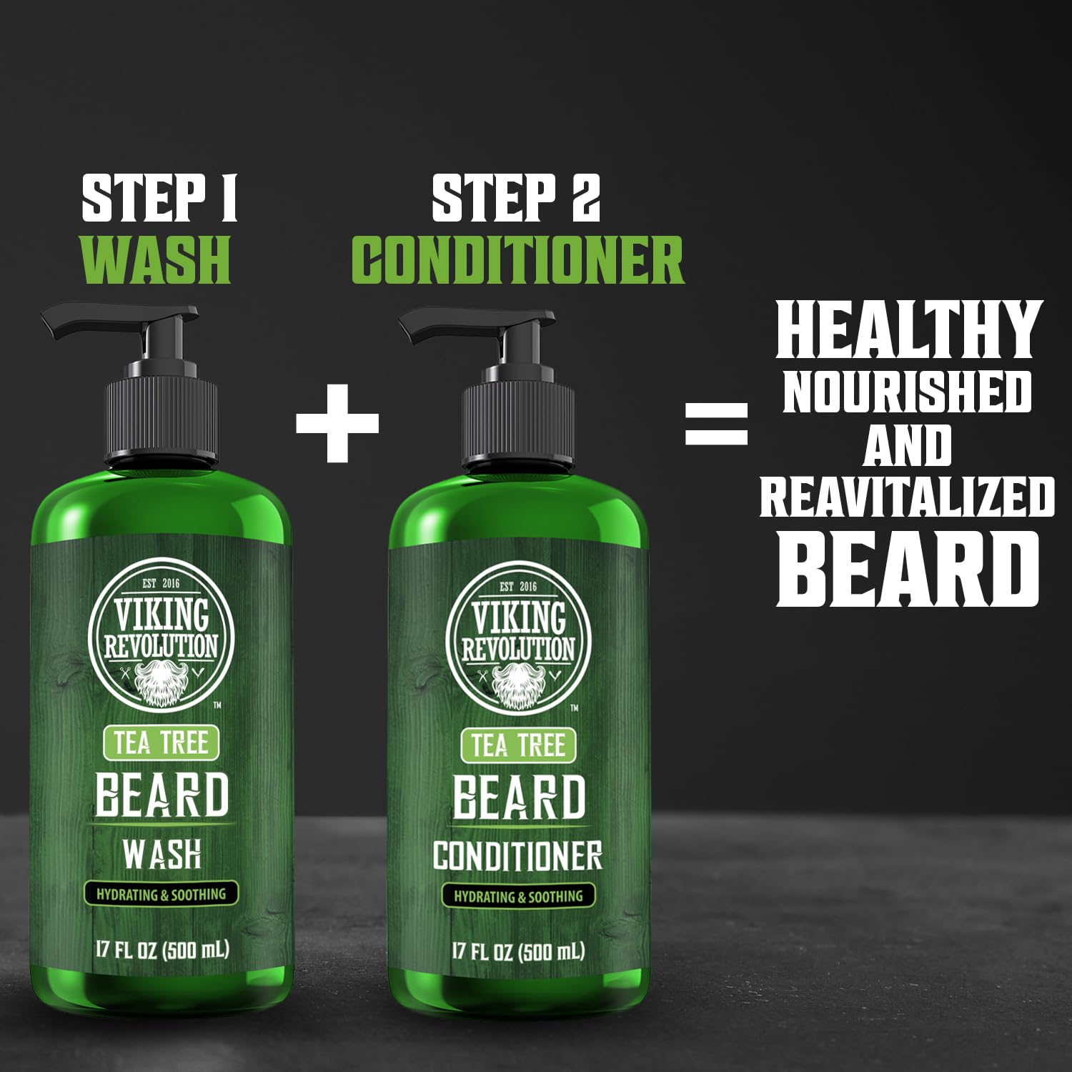 Two bottles labeled Viking Revolution, including one for beard wash and another for the Tea Tree Beard Conditioner (17oz), featuring nourishing argan oil, set against a black background.