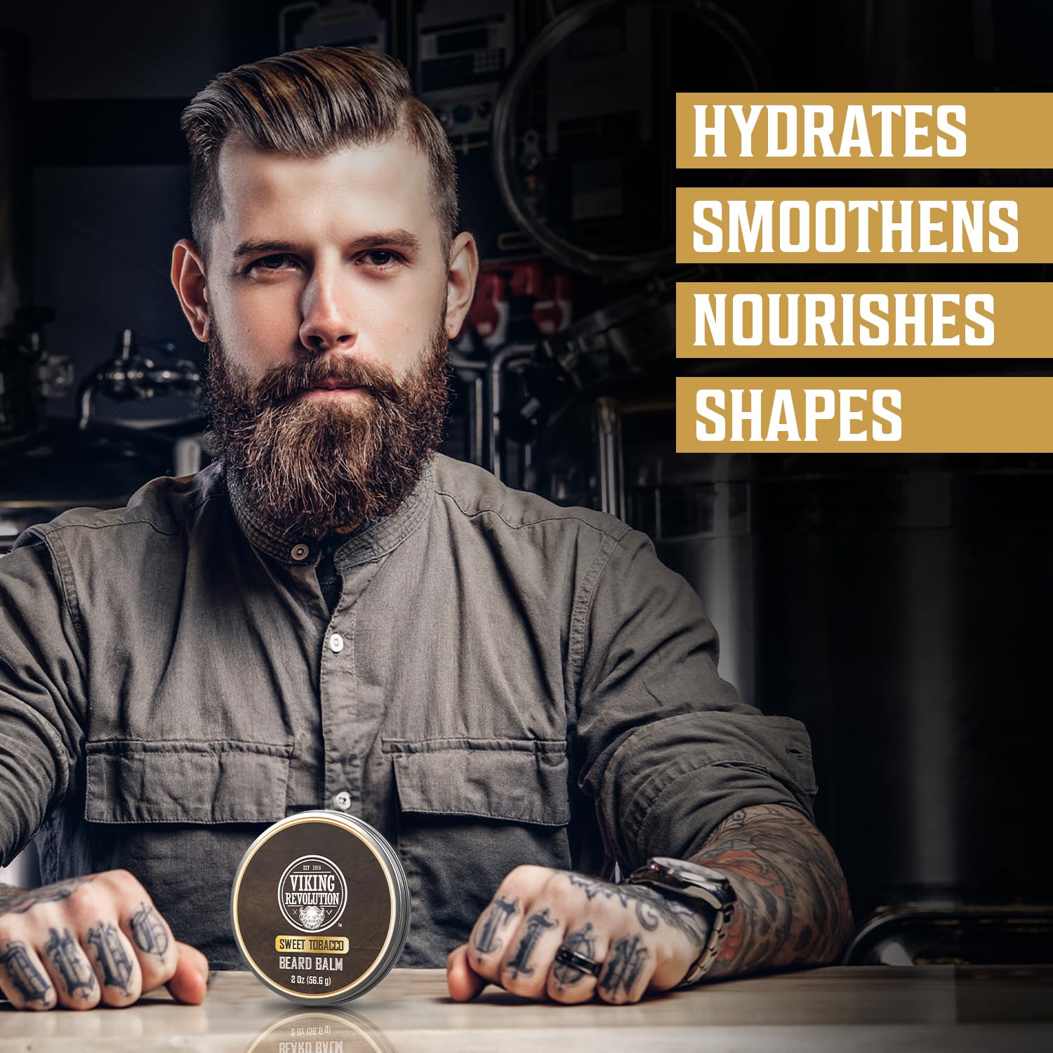 A man with a beard sits at a table with Tobacco Beard Balm for Men 1 pack; text reads hydrates, smoothens, nourishes, shapes.