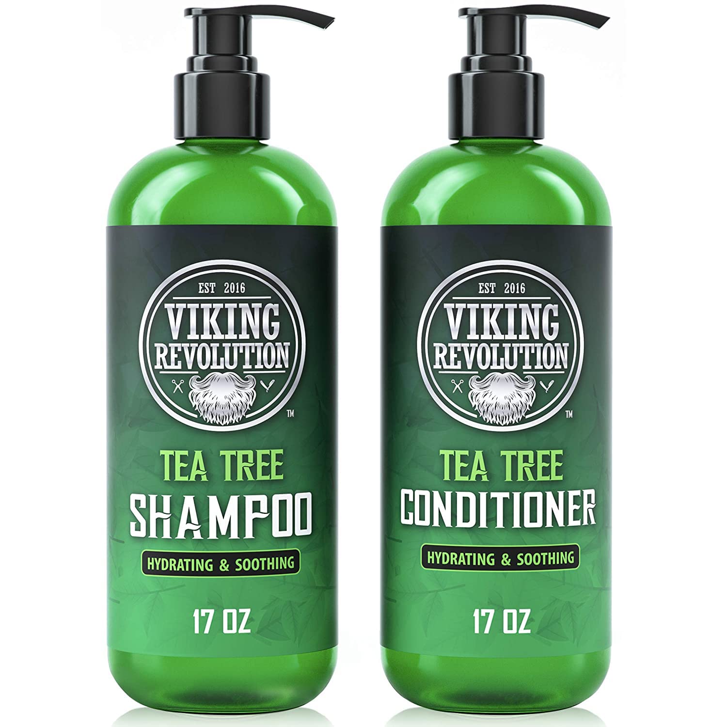 Two green Tea Tree Oil Shampoo & Conditioner Sets, 17oz each with pump tops, for all hair types.