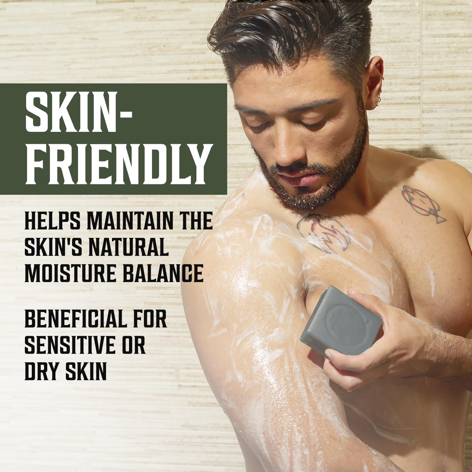 Man using Tea Tree Natural Soap; text highlights benefits for soothing and suitability for sensitive skin.