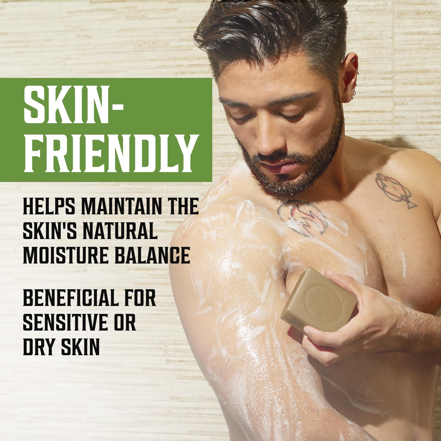 Man using Vetiver Natural Soap for Men in shower, highlighting benefits for sensitive or dry skin.