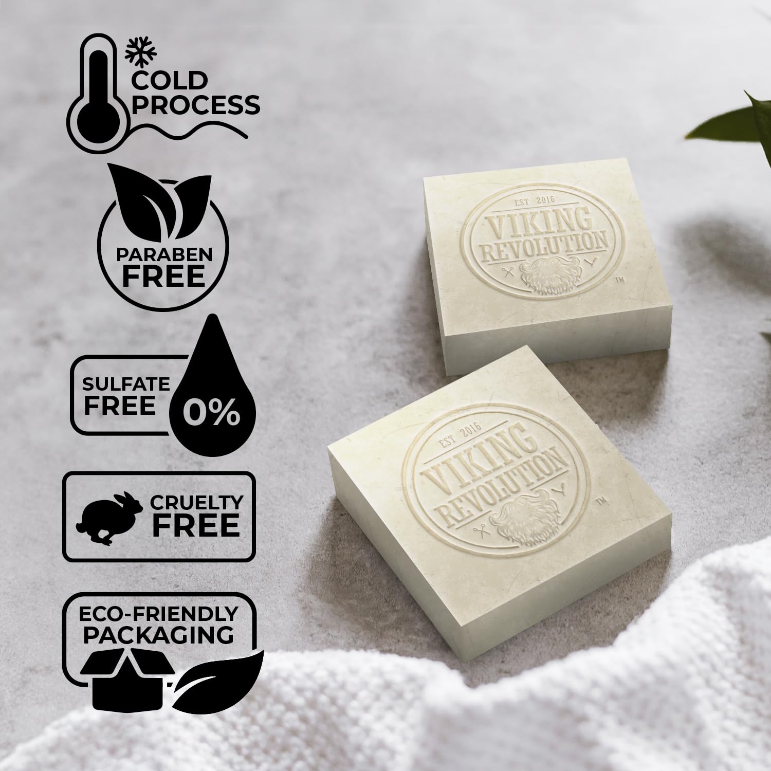 2 bars of Clary Sage cold-pressed soap with icons for paraben-free and eco-friendly packaging.