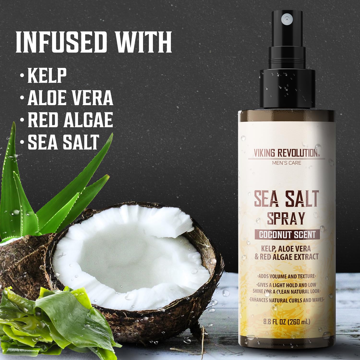Mens coconut sea salt hair spray for beachy, textured hair with aloe and seaweed.