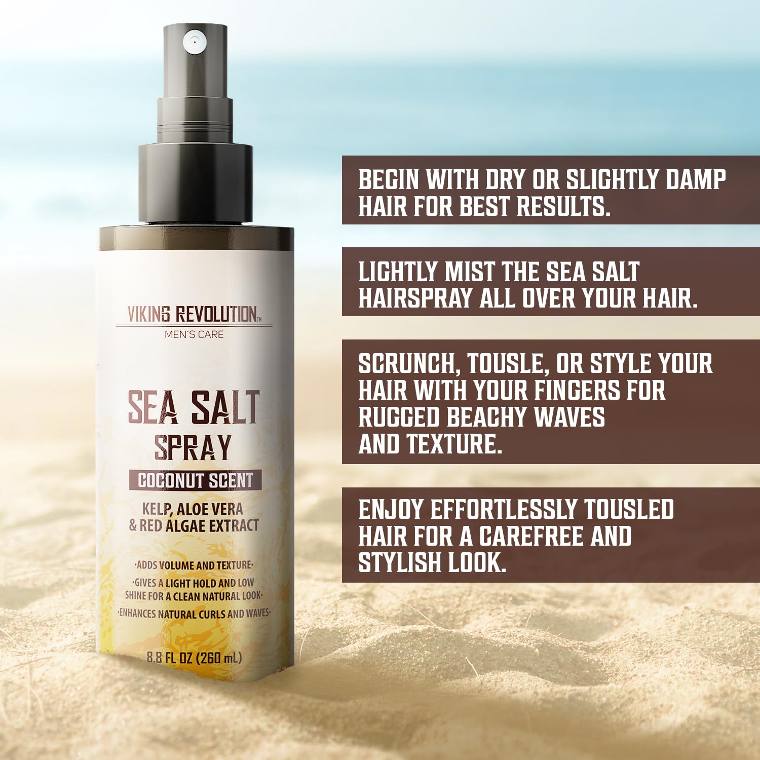 Coconut sea salt hair spray for men offers beachy textured hair with a hint of coconut scent.
