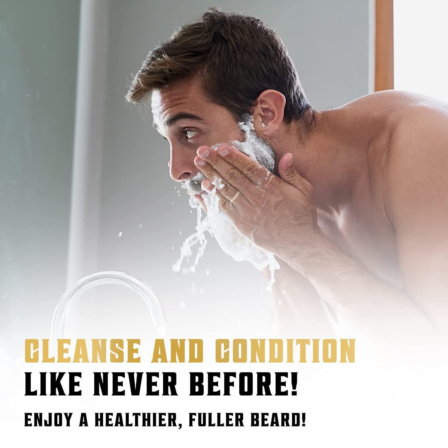 A man cleanses his face, highlighting the advantages of using the Beard Wash and Beard Conditioner for Men 17oz in Sweet Tobacco for a fuller, healthier beard. By incorporating quality products like this into your grooming routine, you ensure optimal care and growth.